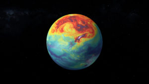 A picture of the Earth. The top half is red, showing how severe the greenhouse gas emissions are