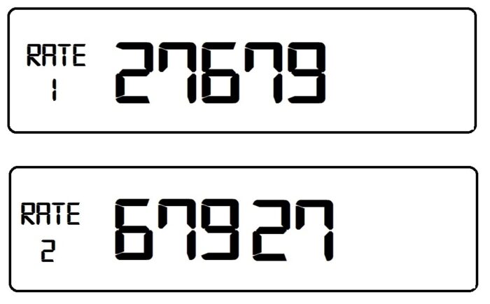 Two rate digital electricity meter. The top reading is 27279. The bottom reading is 67927