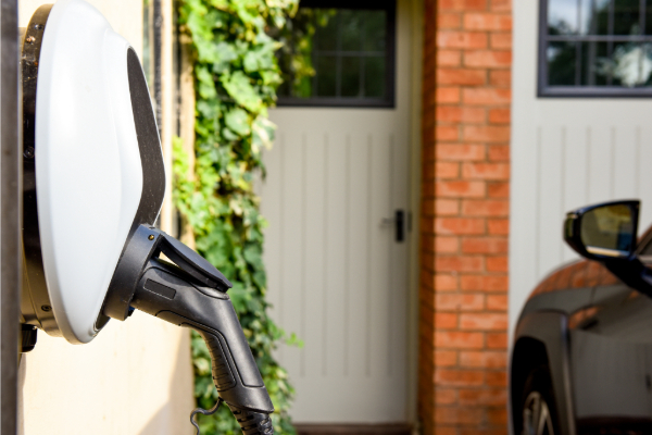 An EV home charge point on a wall outside a house