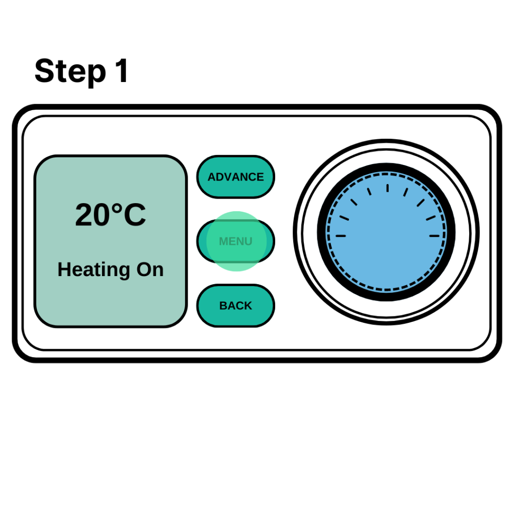 Graphic of a storage heater display screen The menu button is highlighted