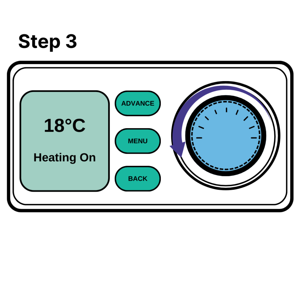 Graphic of a storage heater display screen A blue arrow shows how rotating the dial next to the display to the left decreases the temperature.