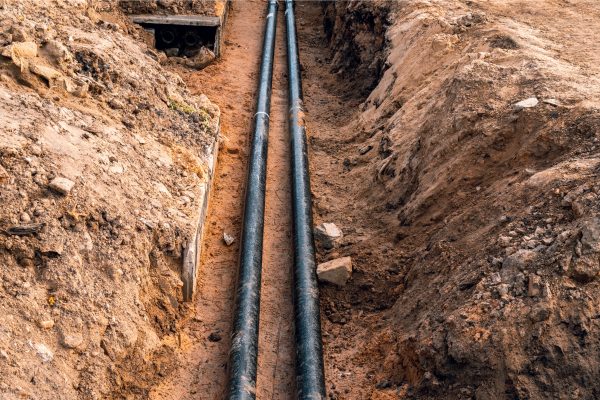 A trench with two ground source heat pump pipes running through it